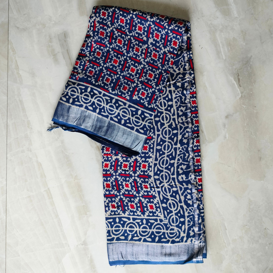 Linen Cotton Dabu Hand Block Print - Indigo, Red