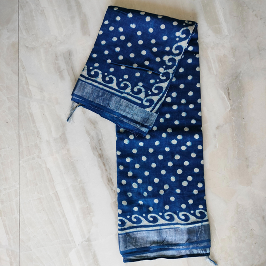 Linen Cotton Dabu Hand Block Dots Print - Indigo BP