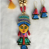 Terracotta Jewellery Set with Durga Pendant - Golden & Multi