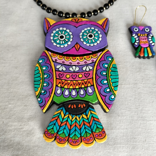 Terracotta Jewellery Set with Big Owl Pendant - Purple