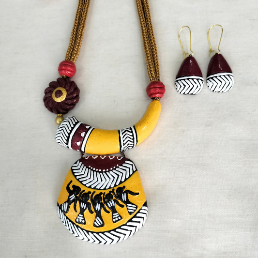 Terracotta Jewellery Set with Tusk Shape Pendant - Yellow & Maroon