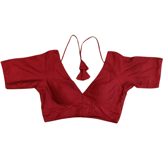 Cotton Classic Plain  V-neck  Red Blouse