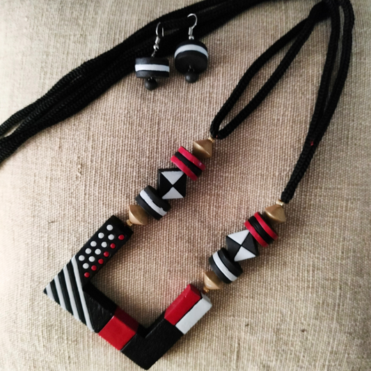 Terracotta Jewellery Set  Half Rectangle Pendant - Black & Red