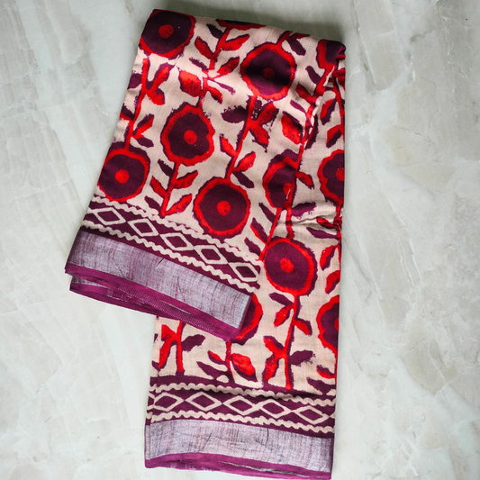 Linen Cotton Dabu Hand Block Floral Print - Red, Beige