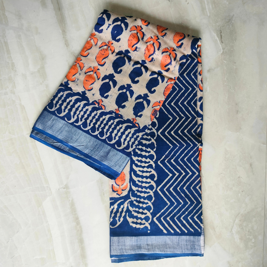 Linen Cotton Dabu Hand Block Leaf Print -Indigo, Orange, Beige