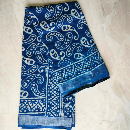 Linen Cotton Dabu Hand Block Paisley Print - Indigo