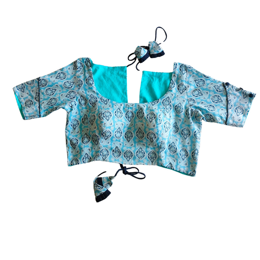 Cotton Floral Ajrakh Print Blouse - Light Blue