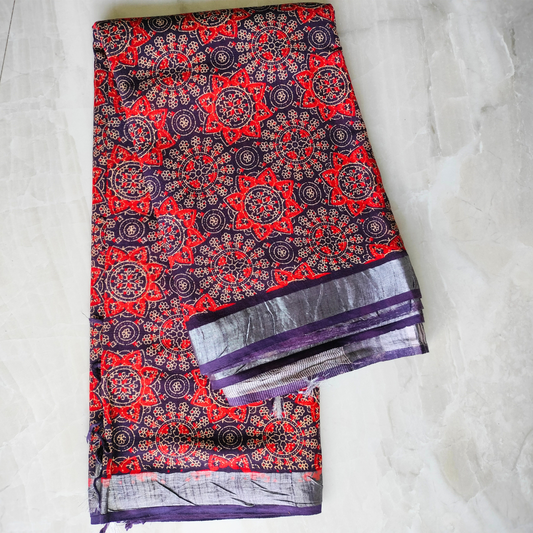 Linen Cotton Dabu Hand Block Ajrakh Print - Indigo, Red