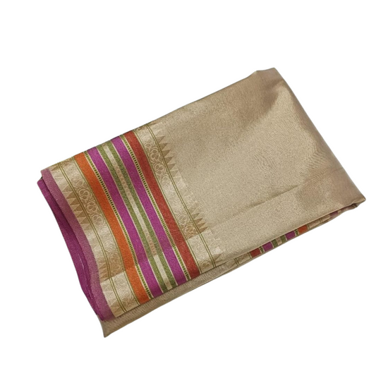 Banarasi Tissue Silk Plain Saree with Multi Colour Border - Beige