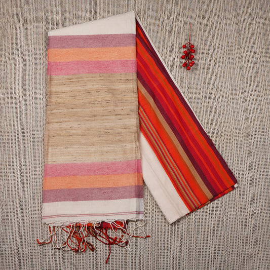 Cotton Multi Border Saree with Jute Pallu - Beige & Pink