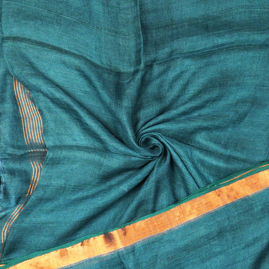 Linen Plain Saree with Silver Jari Border - Green