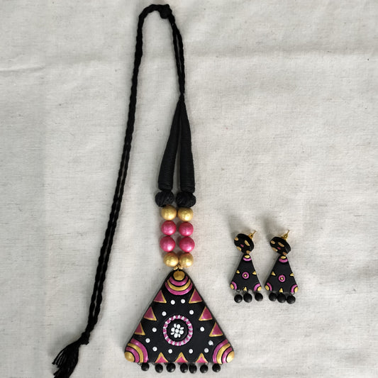 Terracotta Jewellery Set Triangle Pendant with hanging Beads - Black