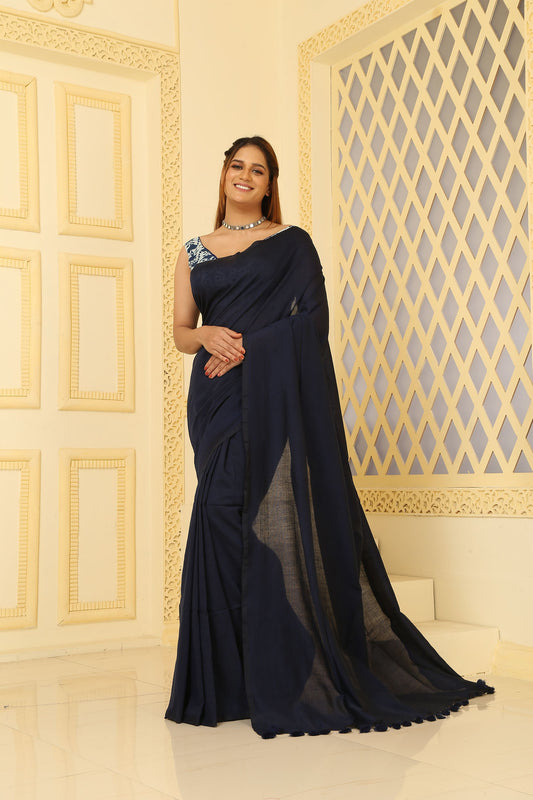 Mul Cotton Plain Saree Self Colour, with tassel Navy Blue with Blouse Piece Handloom Saree