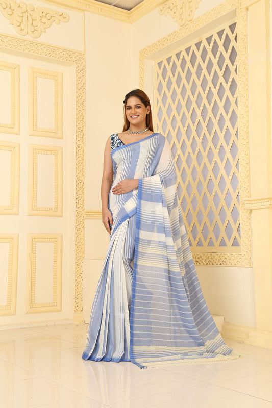 Mul Cotton Classic Saree  Contemporary Stripe WAO White, blue with Blouse Piece Handloom Saree