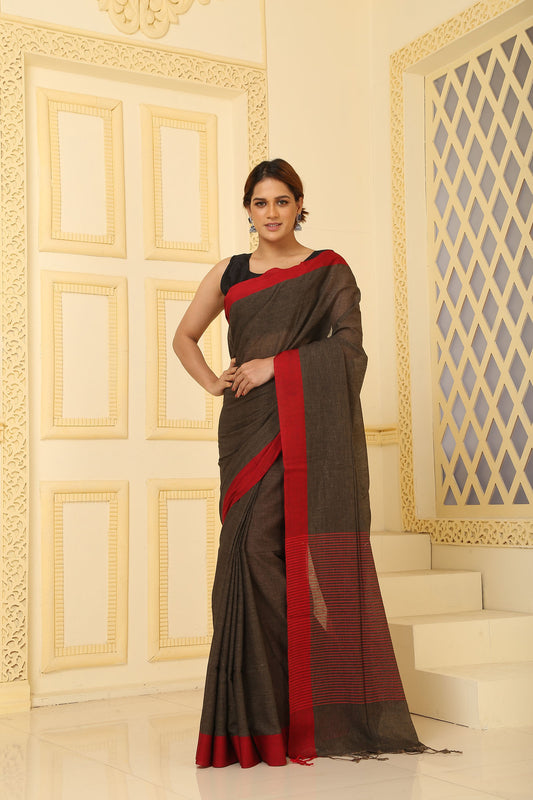 Cotton Chambray Weave Contrast Strip Pallu - Brown & Red