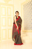 Cotton Chambray Weave Contrast Strip Pallu - Brown & Red