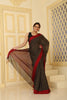 Cotton Chambray Weave Contrast Strip Pallu - Brown & Red