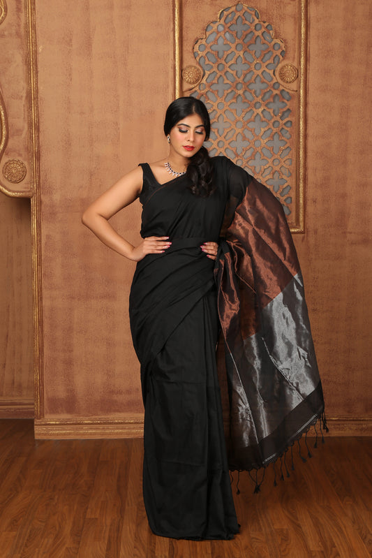 Khadi Cotton Classic Plain Saree with Half & Half Contrast Golden and Silver Pallu - Black