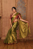 Khadi Tissue  Classic Plain Saree Red Small Border Green, Gold BP