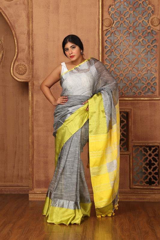 Khadi Linen Contemporay Big Border Contrast Pallu Grey, Yellow with BP