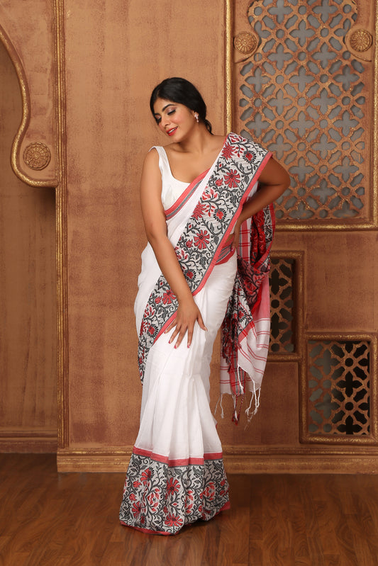 Khadi Cotton Classic Jamdani Weaving  White, Red with BP