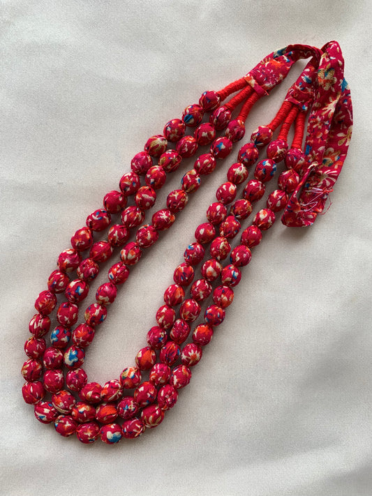 Handcrafted Red Floral Fabric Bead Maala Necklace