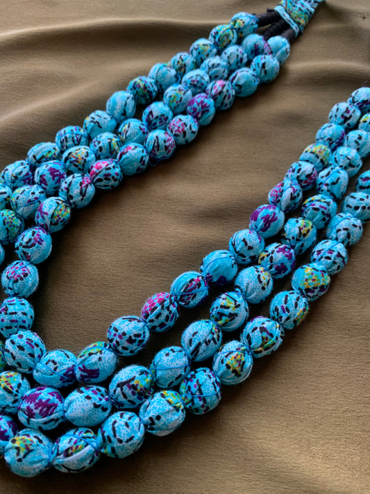 Handcrafted Turquoise Blue Fabric Bead Maala Necklace
