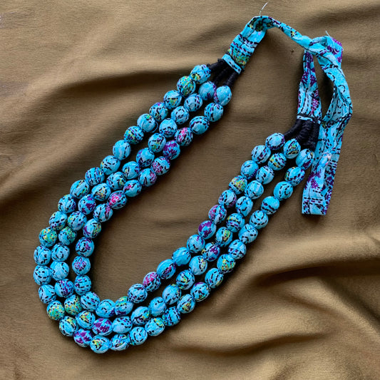Handcrafted Turquoise Blue Fabric Bead Maala Necklace