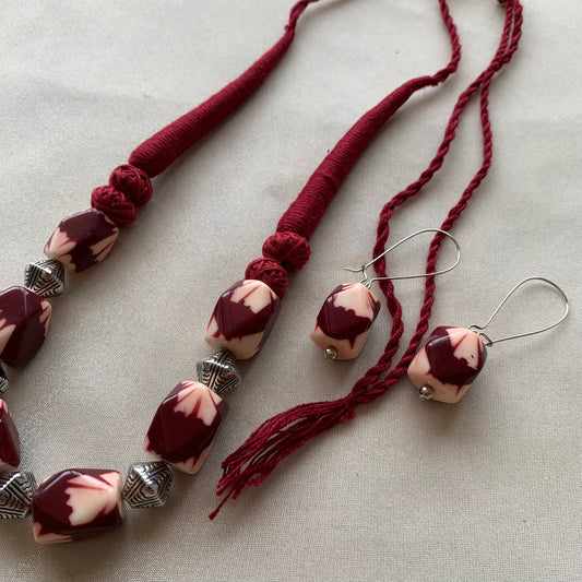 Maroon Heritage Beaded Necklace & Earrings Set