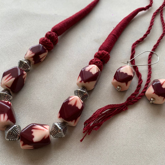 Maroon Heritage Beaded Necklace & Earrings Set
