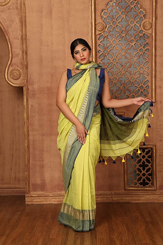 Women's Begumpuri Green & Navy Temple Border Cotton Handloom Saree With Blouse Piece